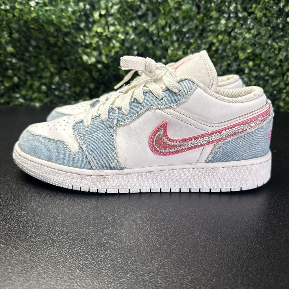 Air Jordan 1 Low Denim Sequin Blue White Pink Shoes Kids Size 5.5Y HQ2001-400